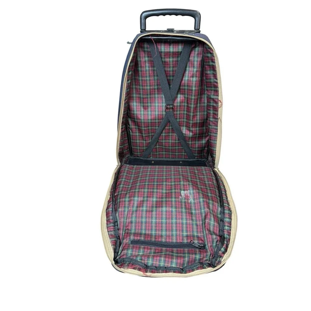 Vintage Duck Head Rolling Backpack Bookbag Navy Blue Tartan Carry on 17x14